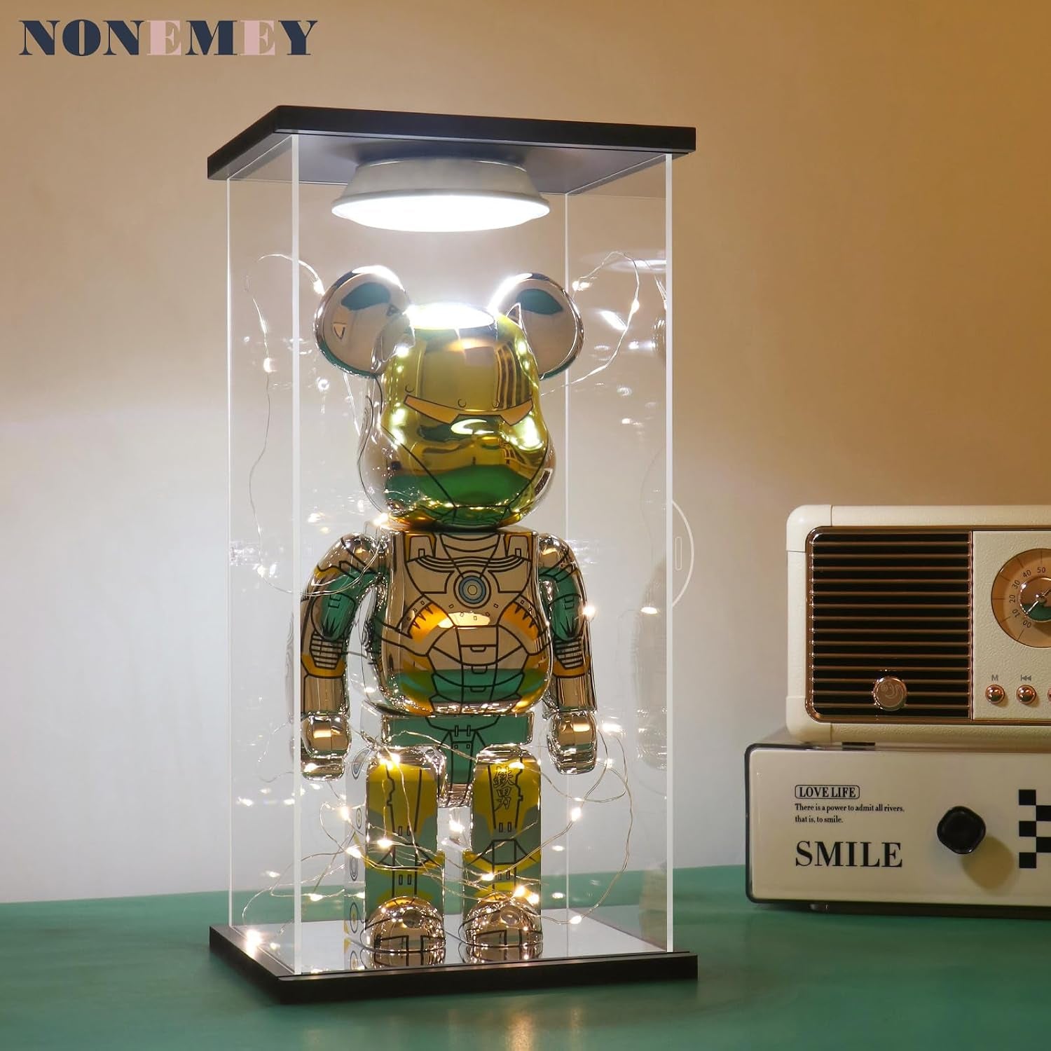 NONEMEY Clear Acrylic Display Case with Remote Control Light for 400% Bearbrick, Dustproof Model Showcase Organizer Box, Display Case for Collectibles Bearbrick (6×4.7×12.6Inch,15×12×32Cm)