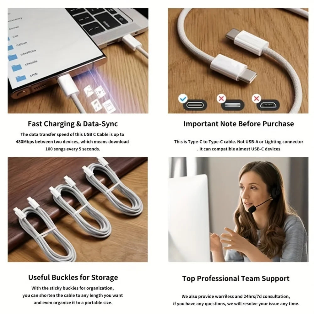 60W Nylon Braided USB C Cable for Iphone 16 15 Pro Max Xiaomi Huawei Samsung Oppo Fast Charging Cable Charger Wire Cord