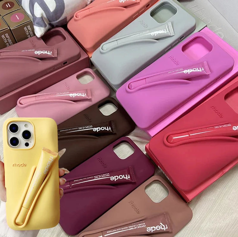 For Iphone 16 12 13 14 15 11 Pro Max plus 17 Fashion  Phone Case Gray Toast Espresso Ribbon Lip Gloss Holder Silicone Cover