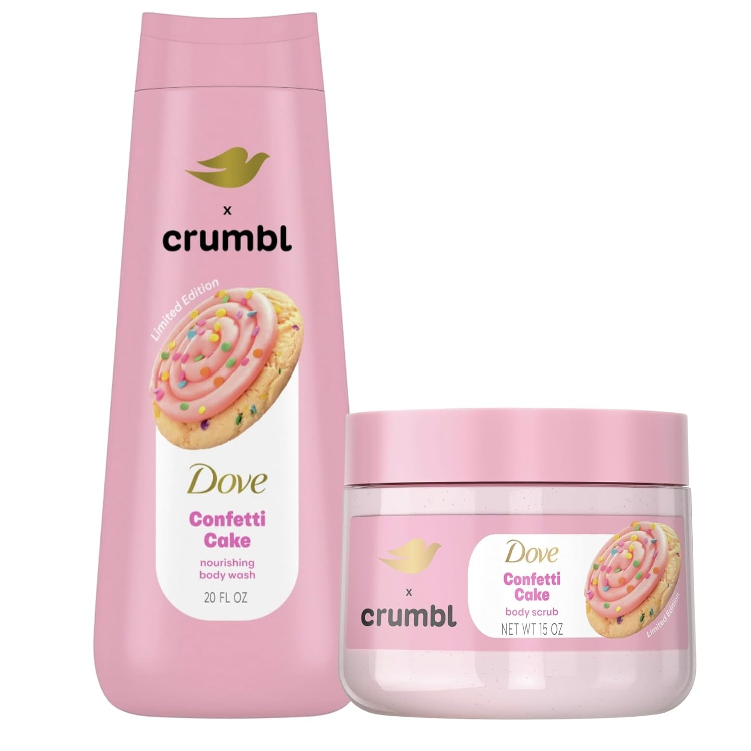 Dove Moisturizing Confetti Cake Body Wash & Scrub Combo, 20Oz Wash + 15Oz Scrub, Limited Edition, Paraben & Sulfate Free, for Body, Improves Skin Texture, Moisturizes