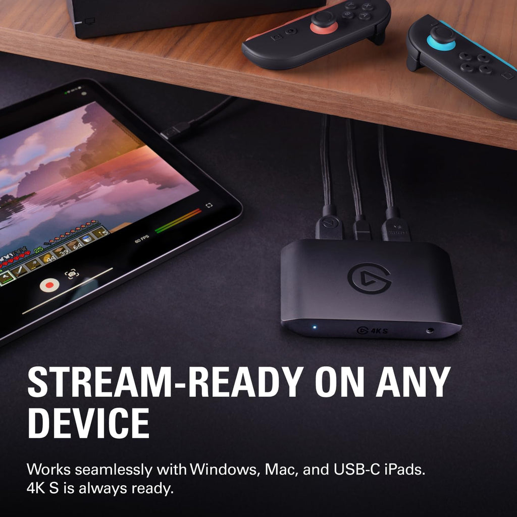Elgato 4K S Capture Card for PS5, Xbox Series X/S, Switch 2 | 4K60 Capture, 1440P120 or 1080P240 Passthrough, HDR10 Support, Near-Zero Latency, USB-C, Analog Audio Input