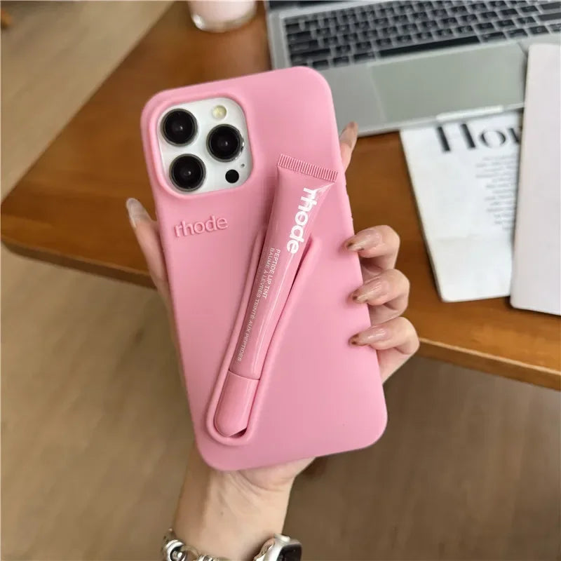 For Iphone 16 12 13 14 15 11 Pro Max plus 17 Fashion  Phone Case Gray Toast Espresso Ribbon Lip Gloss Holder Silicone Cover