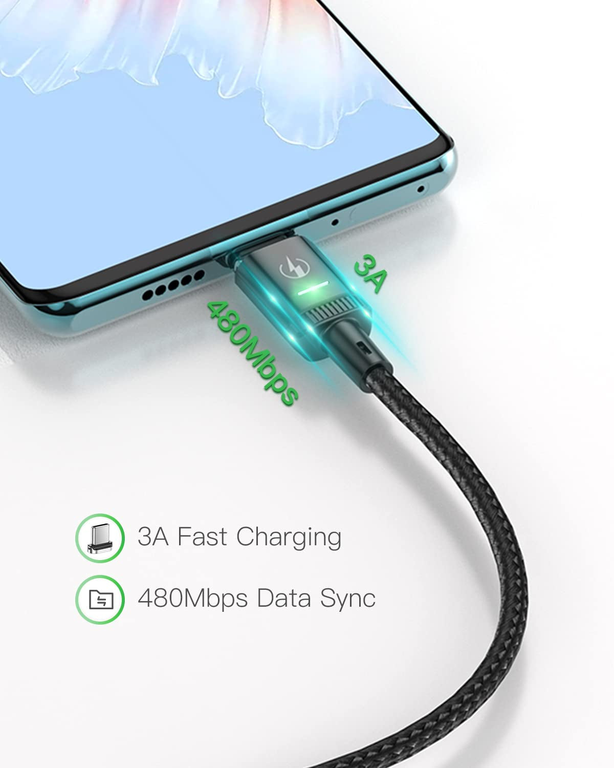 Kuulaa Magnetic USB C Cable (2 Pack 6Ft/6Ft) 3A Fast Charging USB Type C Charger Cord with LED Nylon Braided USB C Magnetic Charging Cable for Samsung & Type C Device (Black 6Ft+6Ft)