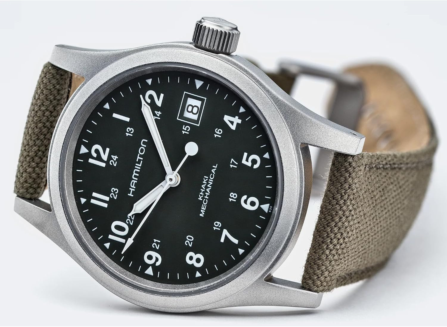 Hamilton Khaki Field Mechanical Men'S Watch, 38Mm Stainless Steel Case, Swiss Made, Green Dial Analog Wrist Watch for Men, 50M Waterproof, Sapphire Crystal, Canvas Strap