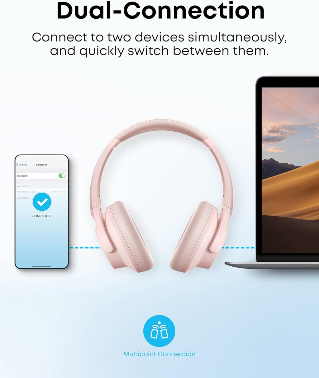 Soundcore by Anker Q20I Hybrid Active Noise Cancelling Headphones, Wireless Over-Ear Bluetooth, 40H Long ANC Playtime, Hi-Res Audio, Big Bass, Customize via an App, Transparency Mode (Pink)
