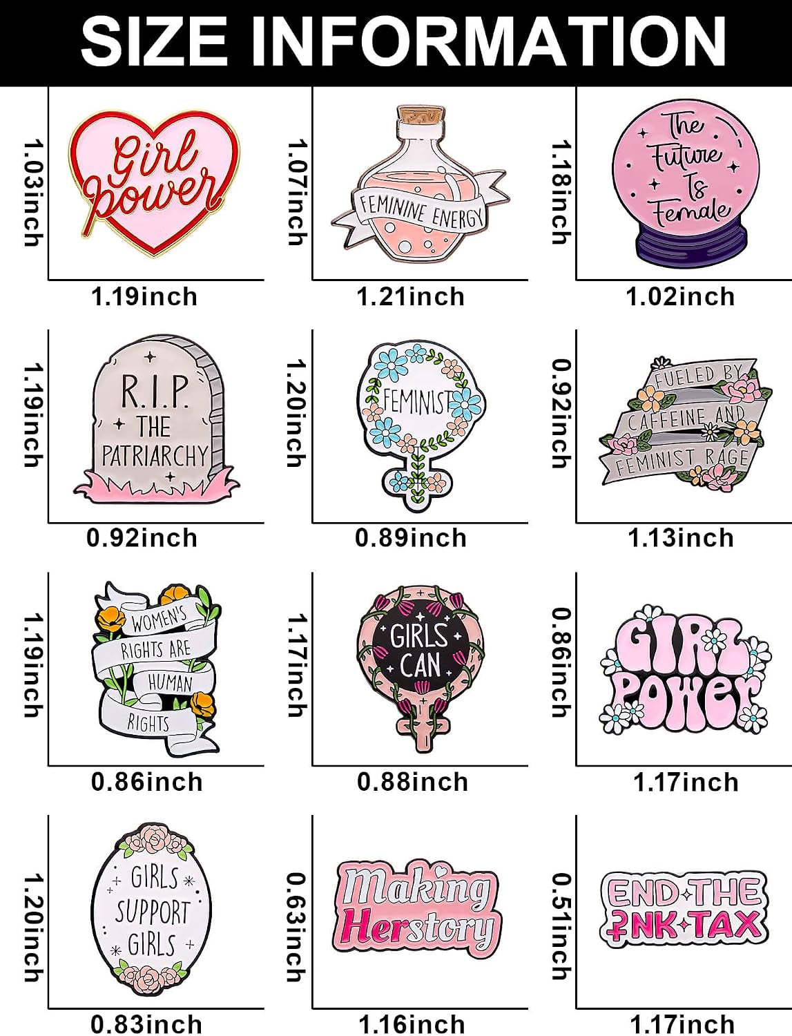 Feminist & Empowerment Enamel Pins Set – Inspirational Pins for Backpacks, Jackets, Hats, Gifts – Collectible Metal Lapel Pins for Women, Girls & Activists – 12-Pack