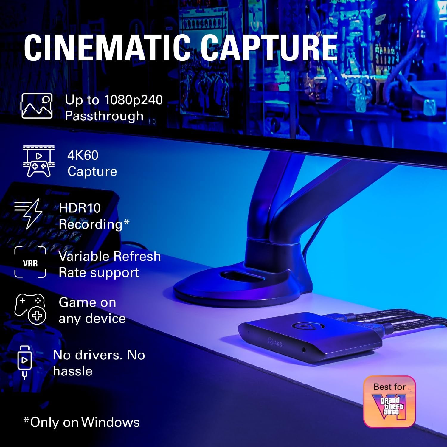 Elgato 4K S Capture Card for PS5, Xbox Series X/S, Switch 2 | 4K60 Capture, 1440P120 or 1080P240 Passthrough, HDR10 Support, Near-Zero Latency, USB-C, Analog Audio Input