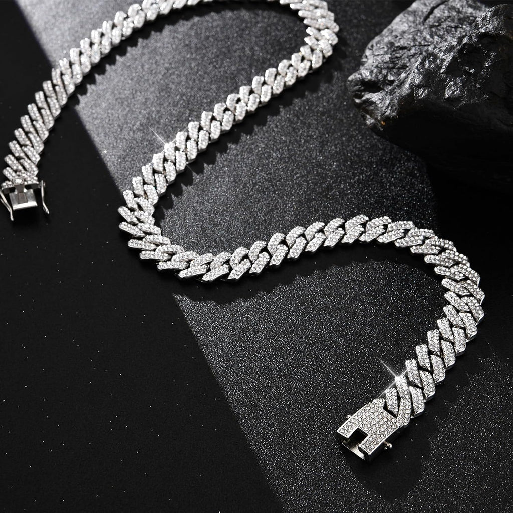 Mens Cuban Link Chain Iced Out Cuban Necklace 18K Gold & Silver Plated Chain for Men Women 14Mm Hip Hop Jewelry