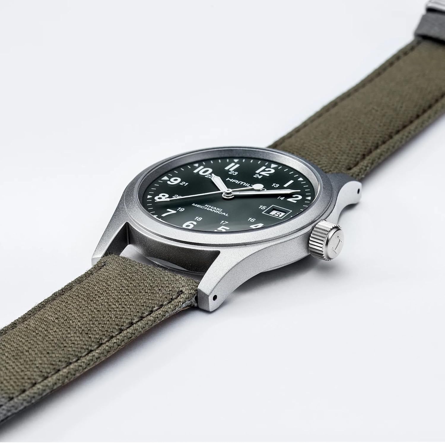 Hamilton Khaki Field Mechanical Men'S Watch, 38Mm Stainless Steel Case, Swiss Made, Green Dial Analog Wrist Watch for Men, 50M Waterproof, Sapphire Crystal, Canvas Strap