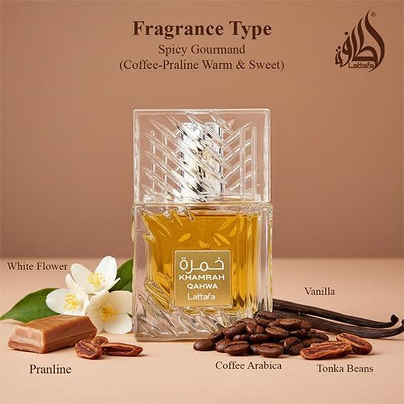 Lattafa Khamrah Qahwa - Vanilla, Warm Spicy, Cinnamon, Sweet - Eau De Parfum Long-Lasting Fragrance for Unisex, 3.40 Ounce / 100 Ml