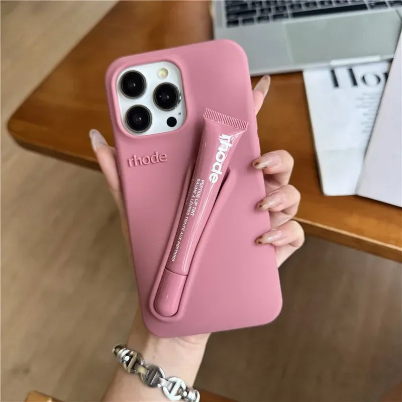 For Iphone 16 12 13 14 15 11 Pro Max plus 17 Fashion  Phone Case Gray Toast Espresso Ribbon Lip Gloss Holder Silicone Cover