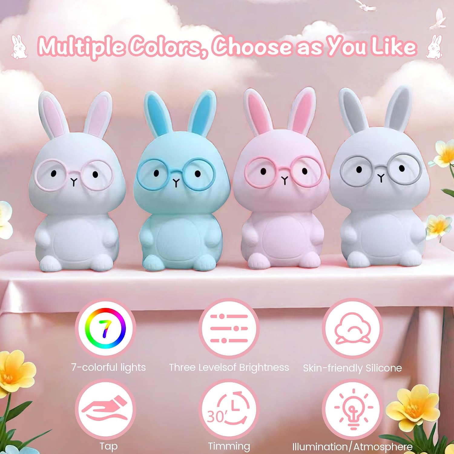 FAMIDUO Bunny Night Light for Kids, Rechargeable Silicone Touch Rabbit Lamp