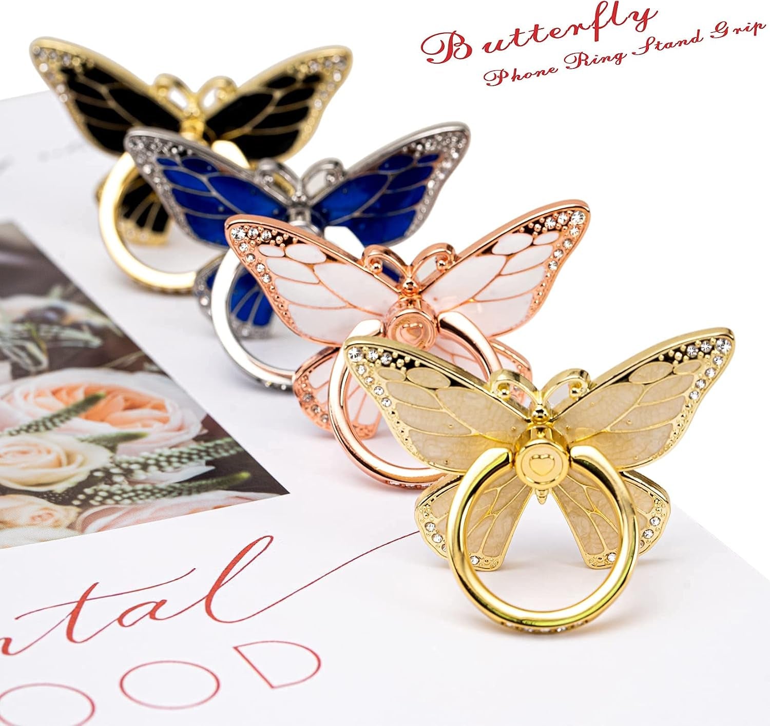 Doflyesky Butterfly Cell Phone Ring Grip Holder, 360 Degrees Rotation Phone Ring Grip Stand, Metal Finger Kickstand Compatible with Iphone, Samsung Galaxy, Android Phone