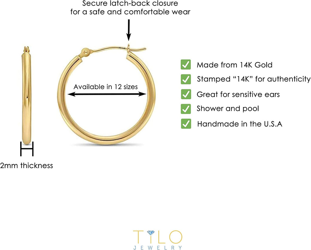 14K Yellow Gold Classic Shiny Polished round Hoop Earrings, 2Mm Tube