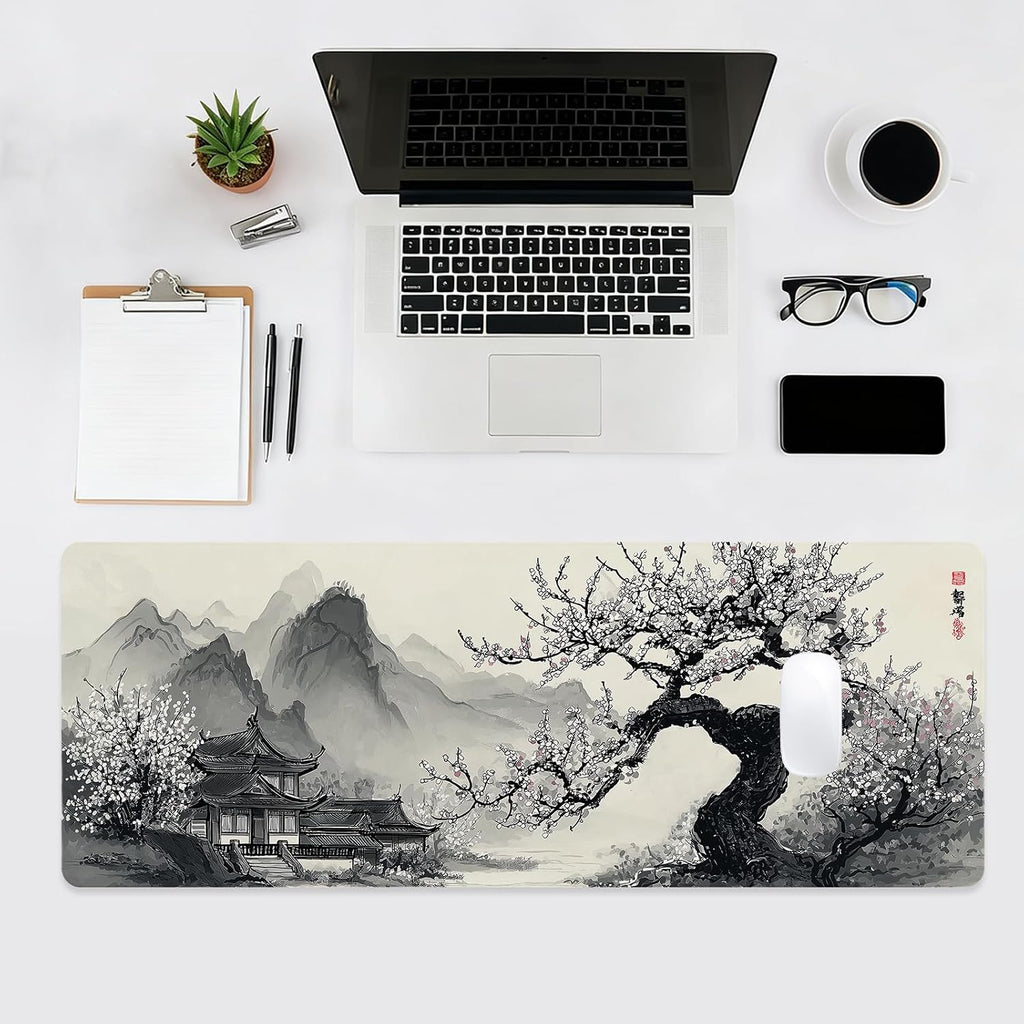 Large Mouse Pad for Desk, Gaming Mousepad XL Extended, Japanese Desk Mat Non-Slip Rubber Base, Big Computer Keyboard Mat Protector for Home&Office, 31.5X11.8In, Cherry Blossom