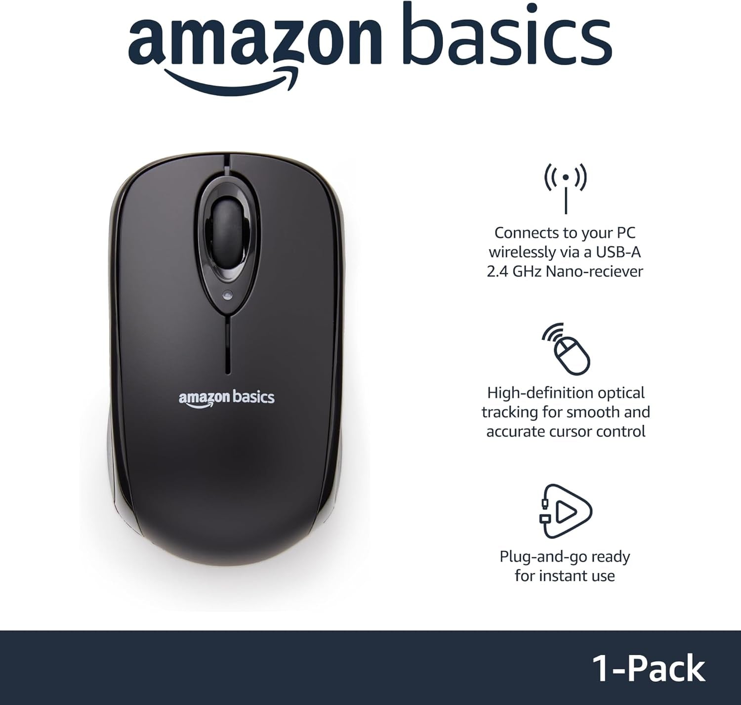 Amazon Basics 2.4 Ghz Wireless Optical Computer Mouse with USB Nano Receiver, Portable, No Wires, Smooth Tracking, Multi-Device Compatibility, Black