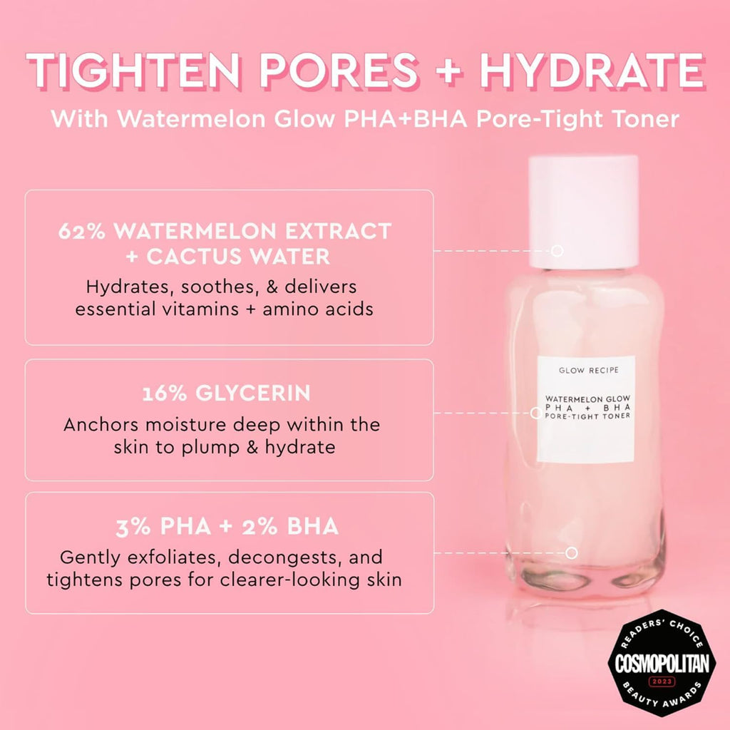 Glow Recipe Glass Skin Essential Korean Skincare Kit - Includes Niacinamide Dew Drops Face Serum & PHA + BHA Face Toner - Travel Size Watermelon-Powered Hydrating Serum & Pore Minimizer (2 Count)