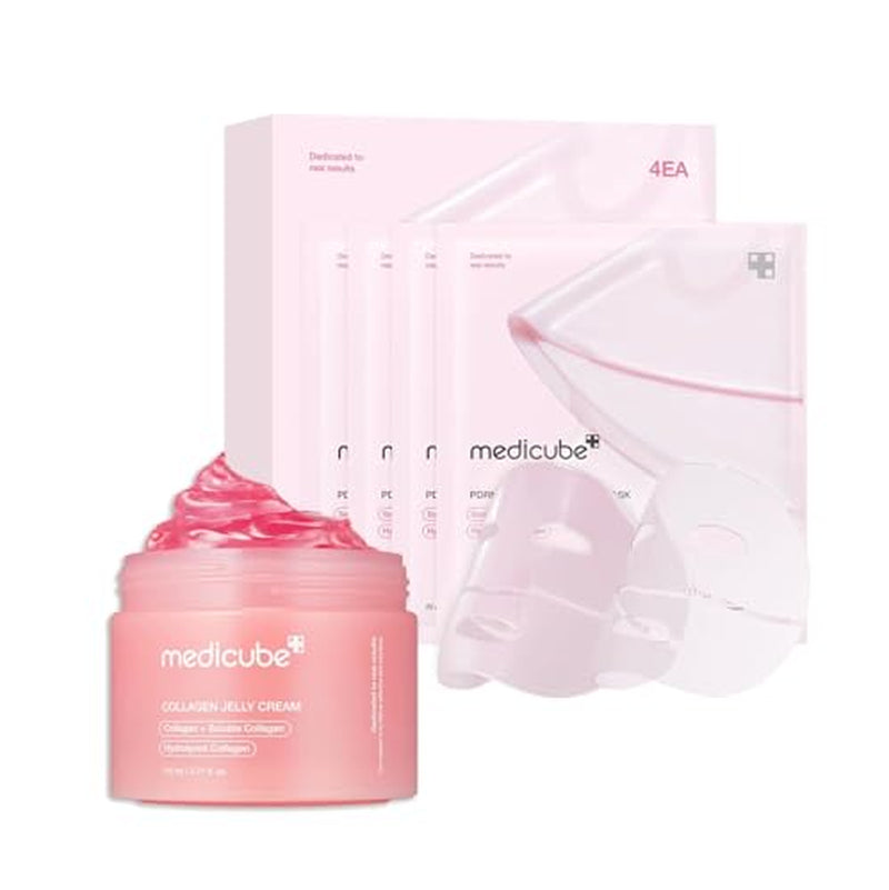 Medicube Pink Glass Glow Duo for Uneven Skin: Collagen Jelly Cream 110Ml and Salmon DNA PDRN Pink Collagen Jelly Gel Mask (4Ea)
