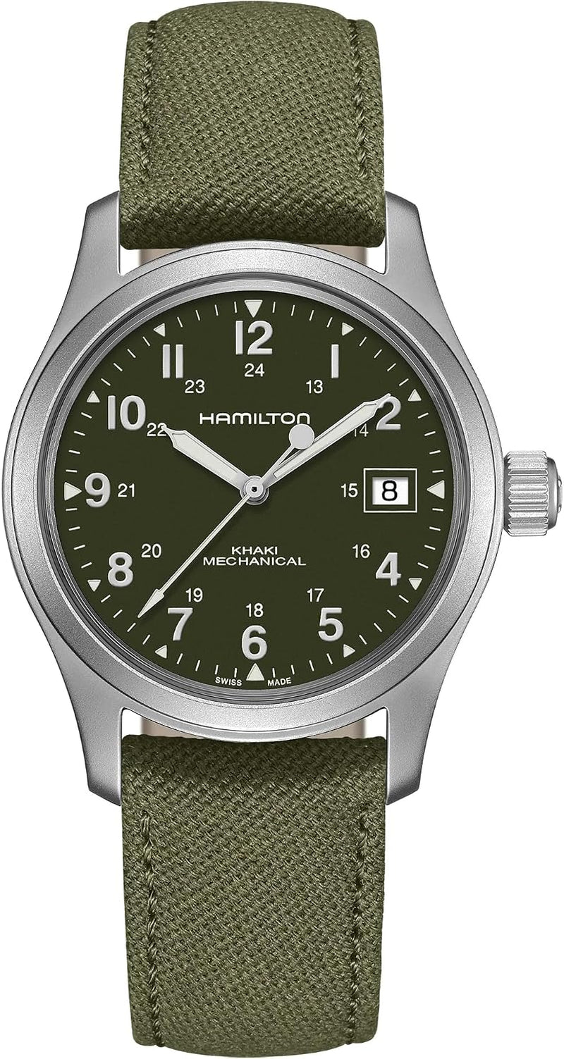 Hamilton Khaki Field Mechanical Men'S Watch, 38Mm Stainless Steel Case, Swiss Made, Green Dial Analog Wrist Watch for Men, 50M Waterproof, Sapphire Crystal, Canvas Strap