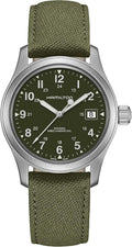 Hamilton Khaki Field Mechanical Men'S Watch, 38Mm Stainless Steel Case, Swiss Made, Green Dial Analog Wrist Watch for Men, 50M Waterproof, Sapphire Crystal, Canvas Strap