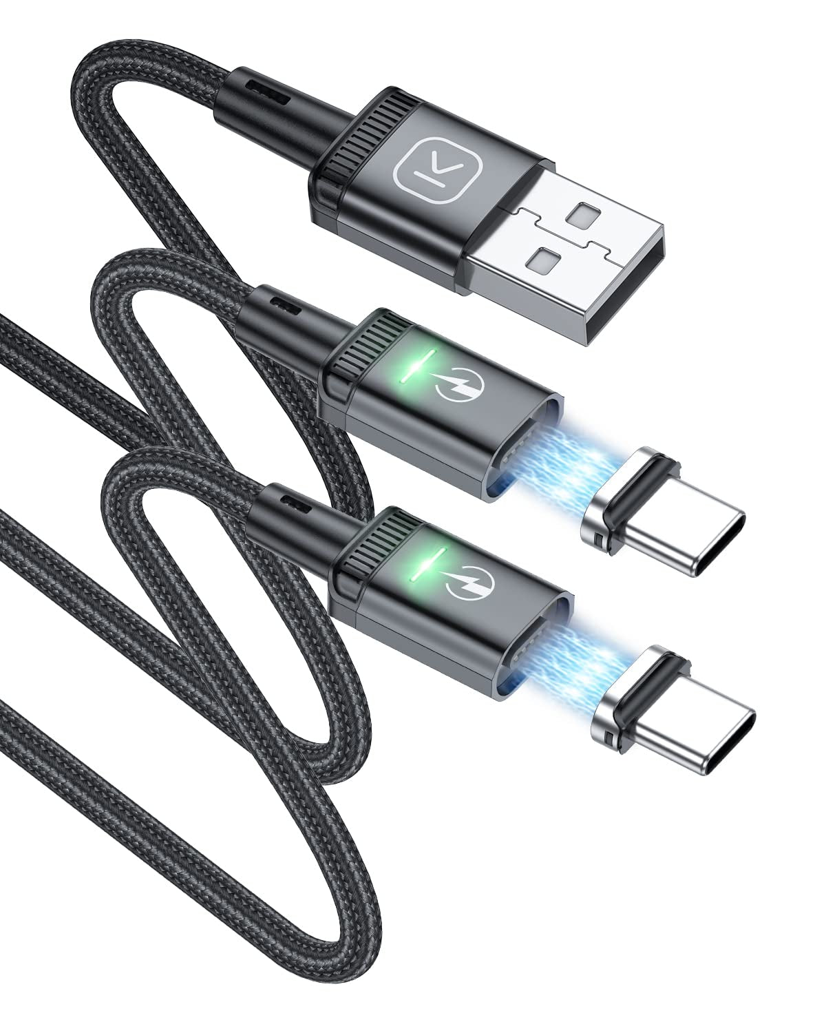 Kuulaa Magnetic USB C Cable (2 Pack 6Ft/6Ft) 3A Fast Charging USB Type C Charger Cord with LED Nylon Braided USB C Magnetic Charging Cable for Samsung & Type C Device (Black 6Ft+6Ft)