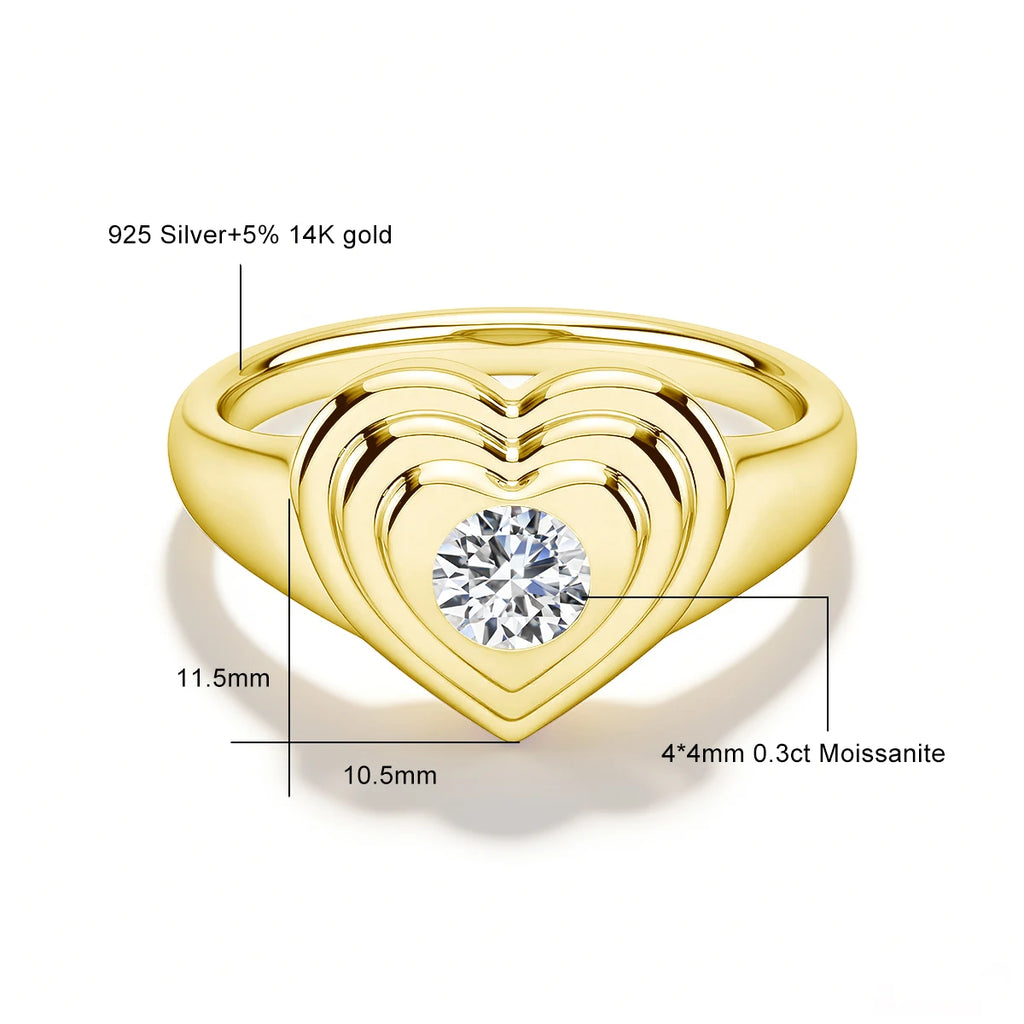 Moissanite Diamond Sweetheart Signet Ring 14K Gold Filled Heart-Shaped Romantic Love Symbol Ring for Women Valentine’S Day Gift