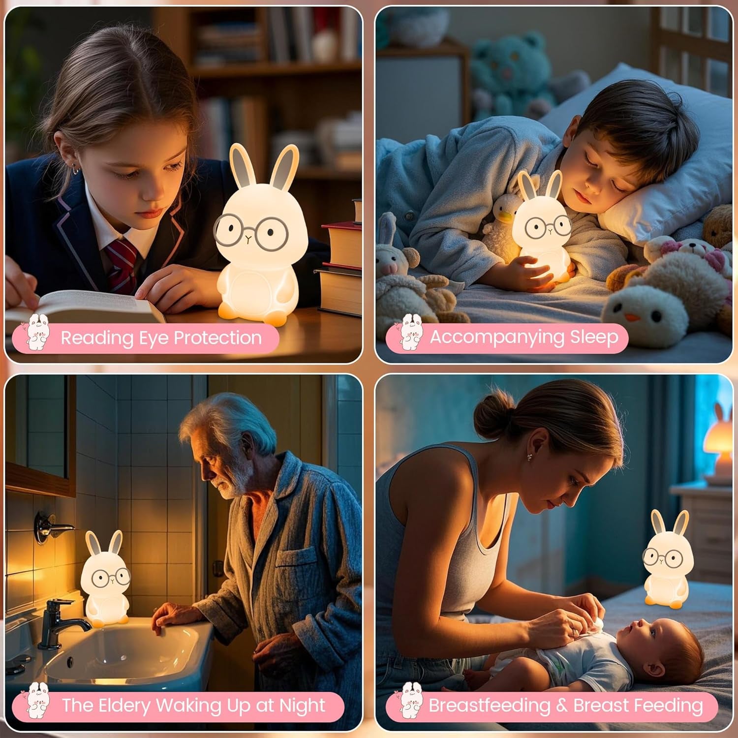 FAMIDUO Bunny Night Light for Kids, Rechargeable Silicone Touch Rabbit Lamp