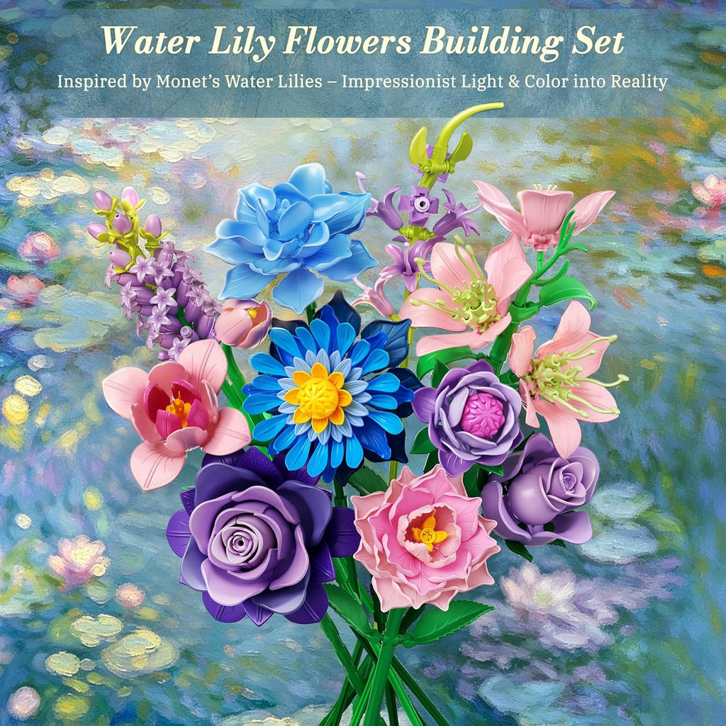 Impressionist Water Lily Flowers Bouquet Building Set for Adults, Artificial Flower Compatible with Lego Flowers Botanicals, Christmas Valentine'S Mother'S Day Birthday Gift for Her Women Girl