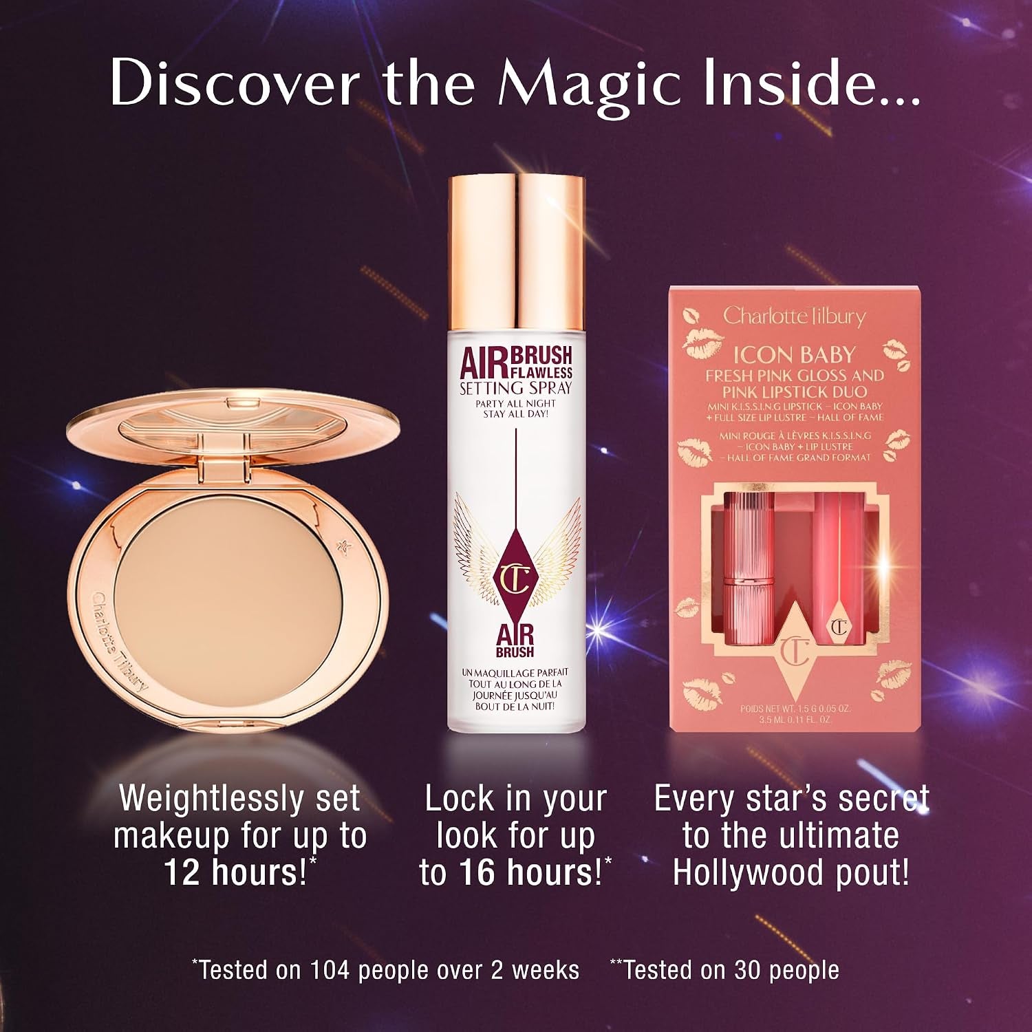 Charlotte Tilbury Holiday Kit - Airbrush Flawless Setting Spray + Airbrush Flawless Finish + Icon Baby Lip Duo - Hydrating Mist & Pressed Setting Powder Kit with Pink Lipstick Gloss Set