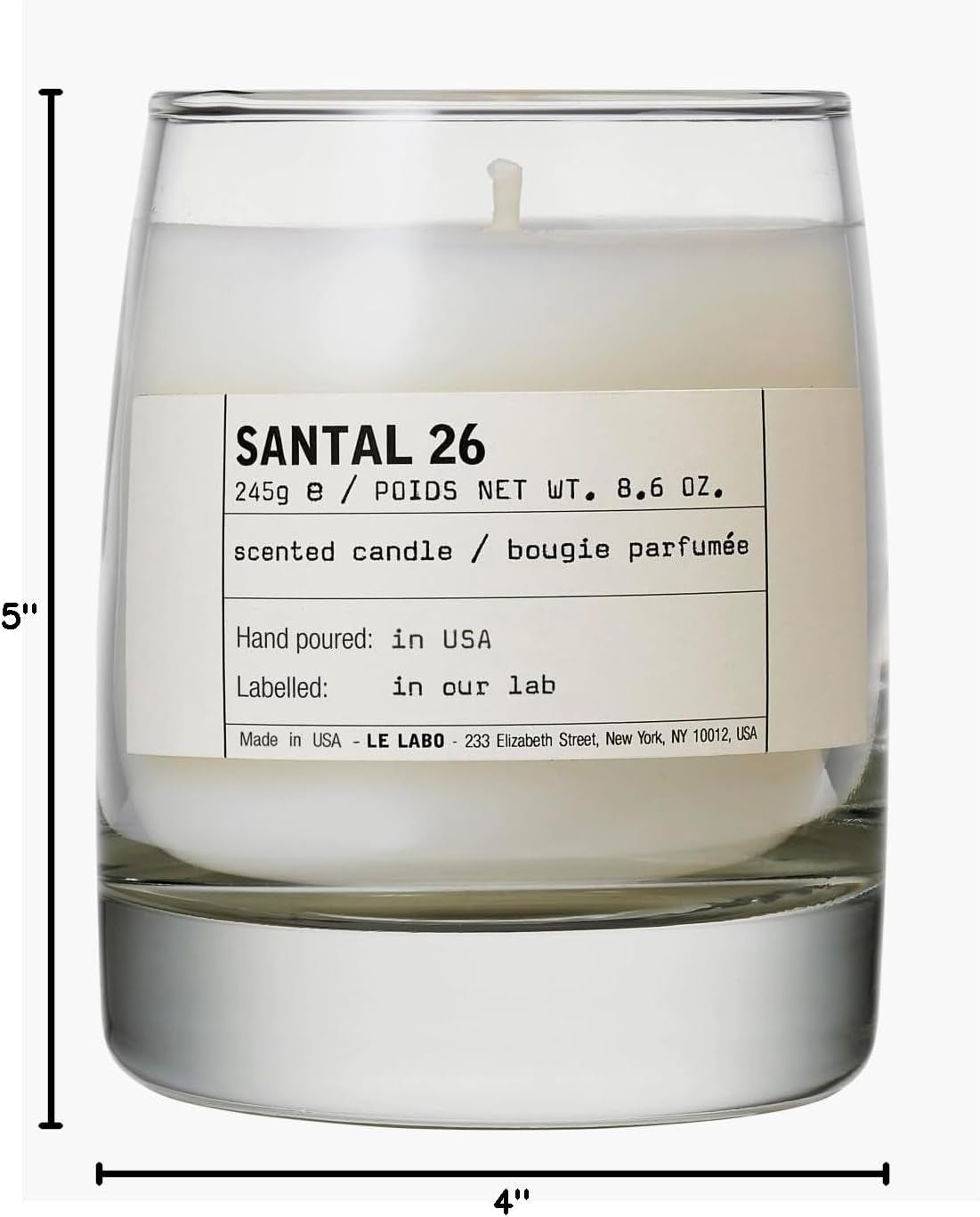 LE LABO Santal 26 Scented Candle 245 Grams 8.6 Ounce Glass Jar Boxed Made in USA, Cream