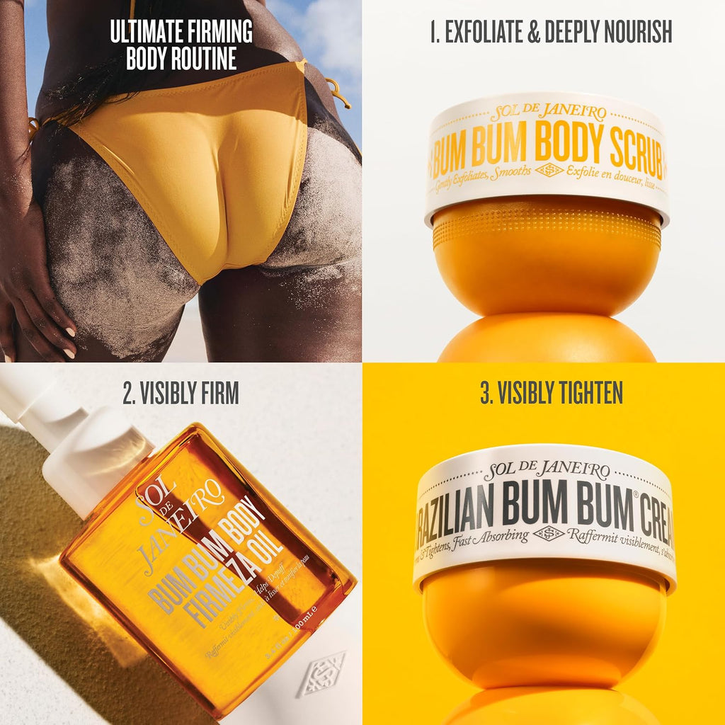 SOL DE JANEIRO Brazilian Bum Bum Cream, Bum Bum Firmeza Body Oil, and Bum Bum Body Scrub Bundle - Ultimate Firming Ritual, Amazon Exclusive