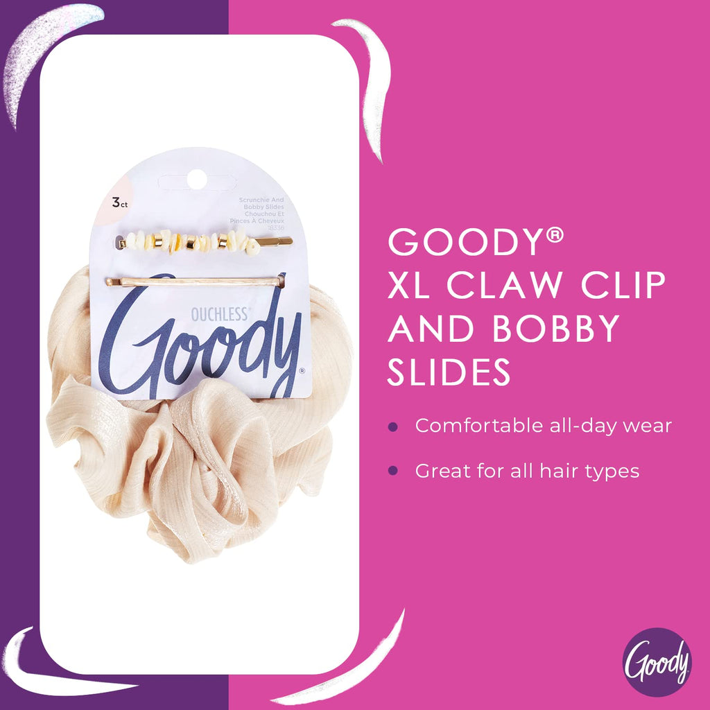 Goody XL Scrunchie and Bobby Slides Bundle - 3 Count, Winter Solstice Collection - Ouchless Accessories for All Hair Types - Style with Ease & Keep Hair Secured - Men, Women, Boys & Girls