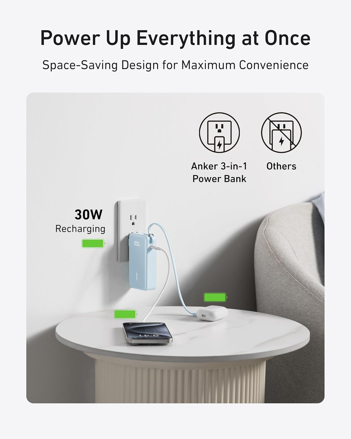 Anker Nano 3-In-1 Portable Iphone Charger, 10,000Mah Power Bank with Built-In USB-C Cable and Foldable Wall Plug, 30W Max Battery Pack, Travel Essentials for Iphone 17/16/15 Series (Blue)