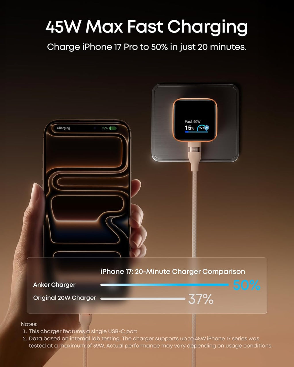 Anker Smart Display Charger, Anker Nano USB C Charger Block, 45W Max Gan Phone Charger,180° Foldable Plug,Smart Recognition,Built-In Care Mode,For Iphone17/16/15(Non-Battery,One USB-C Port,No Cable)