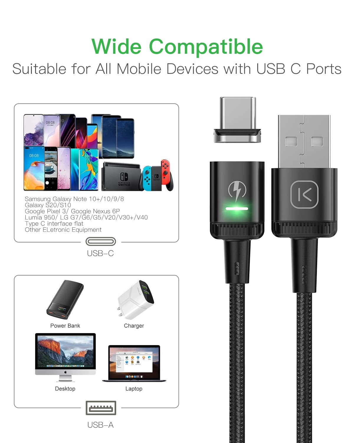 Kuulaa Magnetic USB C Cable (2 Pack 6Ft/6Ft) 3A Fast Charging USB Type C Charger Cord with LED Nylon Braided USB C Magnetic Charging Cable for Samsung & Type C Device (Black 6Ft+6Ft)
