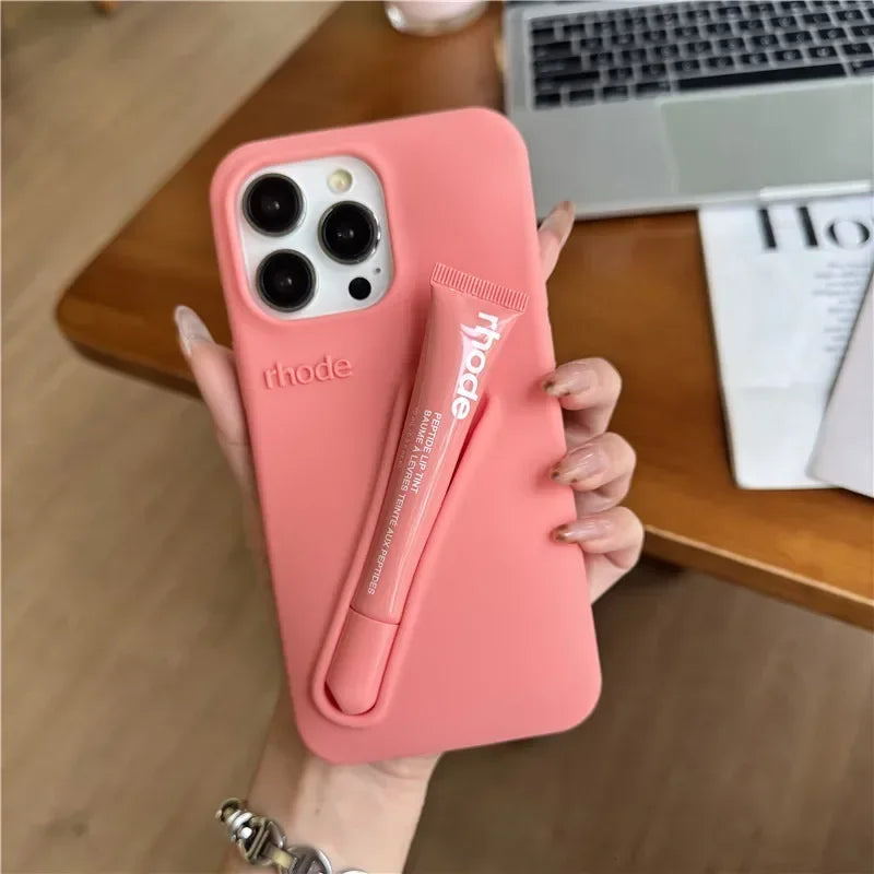 For Iphone 16 12 13 14 15 11 Pro Max plus 17 Fashion  Phone Case Gray Toast Espresso Ribbon Lip Gloss Holder Silicone Cover