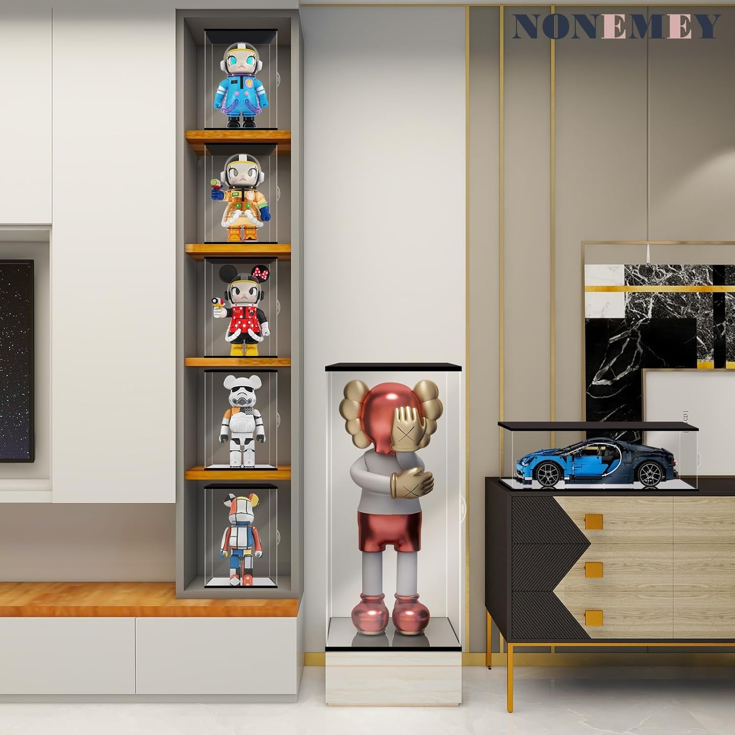 NONEMEY Clear Acrylic Display Case with Remote Control Light for 400% Bearbrick, Dustproof Model Showcase Organizer Box, Display Case for Collectibles Bearbrick (6×4.7×12.6Inch,15×12×32Cm)