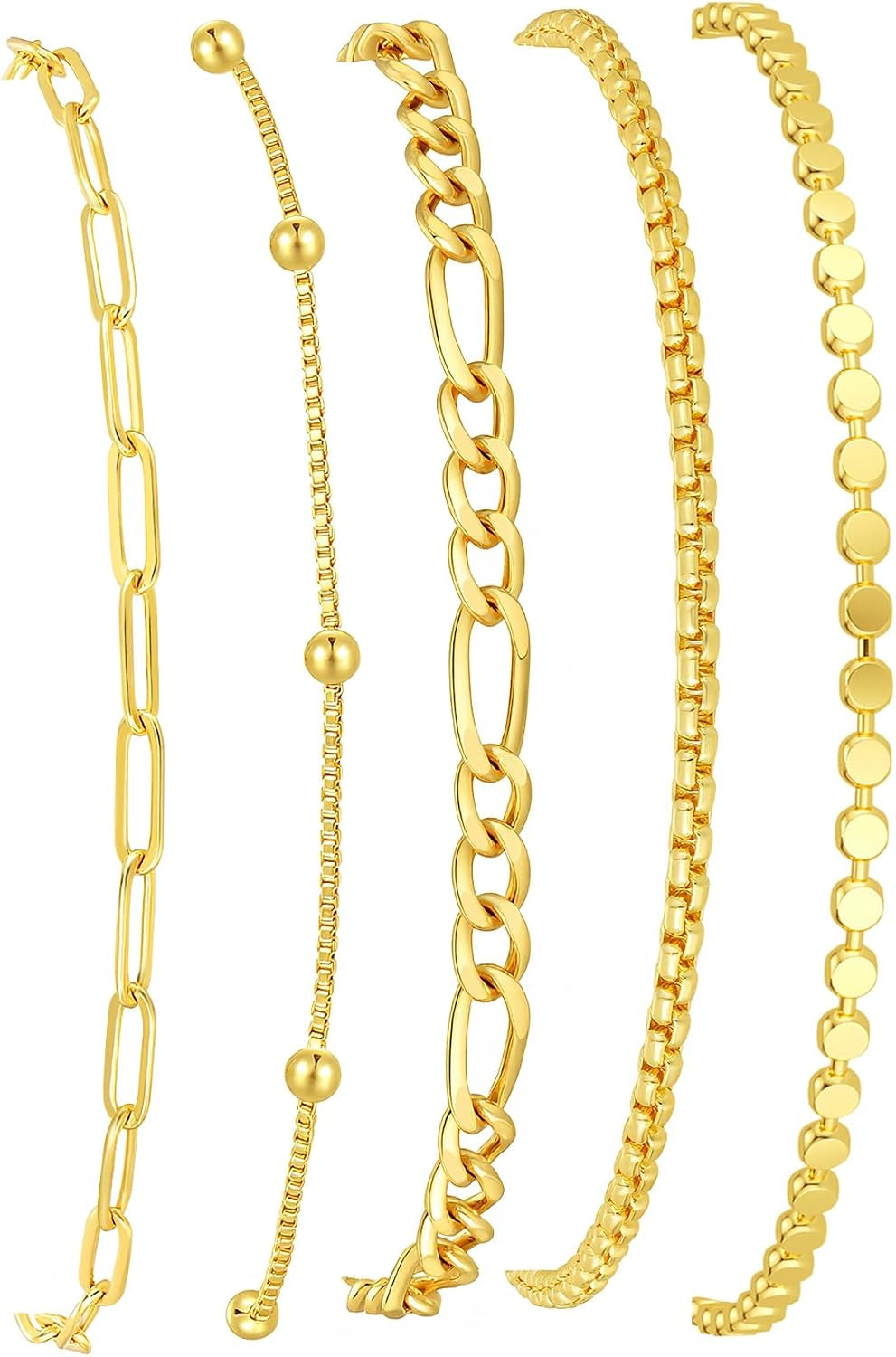 Gold Bracelets for Women, 14K Gold Plated Stackable Bracelet Stack Set Adjustable Charm Paperclip Chain Snake Link Layered Waterproof Jewelry Sets Gifts