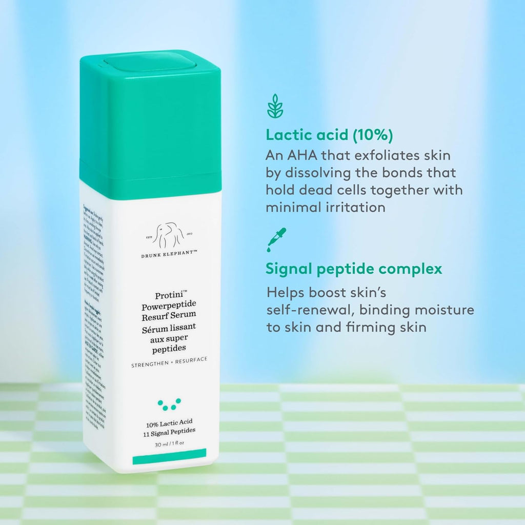 Drunk Elephant Protini Powerpeptide Resurf Serum - 30 Ml/1 Fl Oz - Exfoliating Lactic Acid AHA Serum - Clean Clinical Skincare - Cruelty-Free - Free of Essential Oils, Silicones, and Fragrance