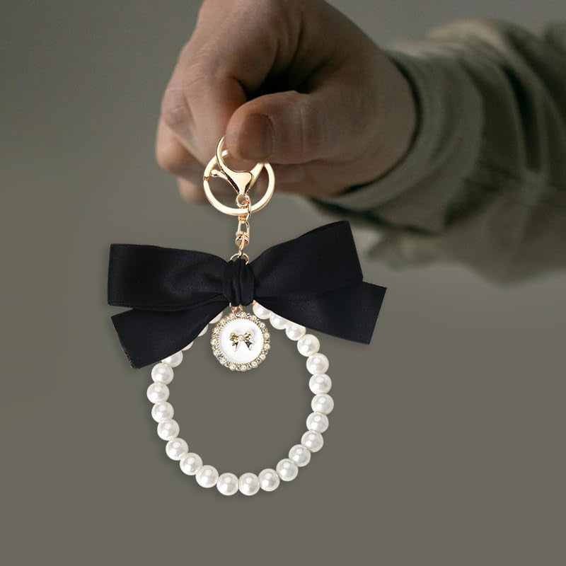 Pearl Bow Keychain Wistlet for Girls Women Bow Pearl Keychains Pink Black Beige
