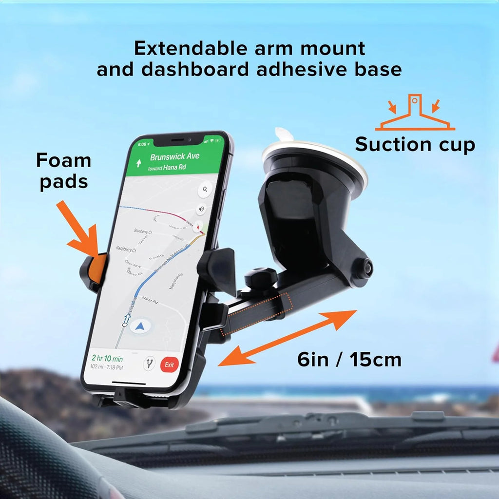 Car Phone Mount, Dashboard and Windshield Suction Phone Holder with 6-Inch Extendable Arm