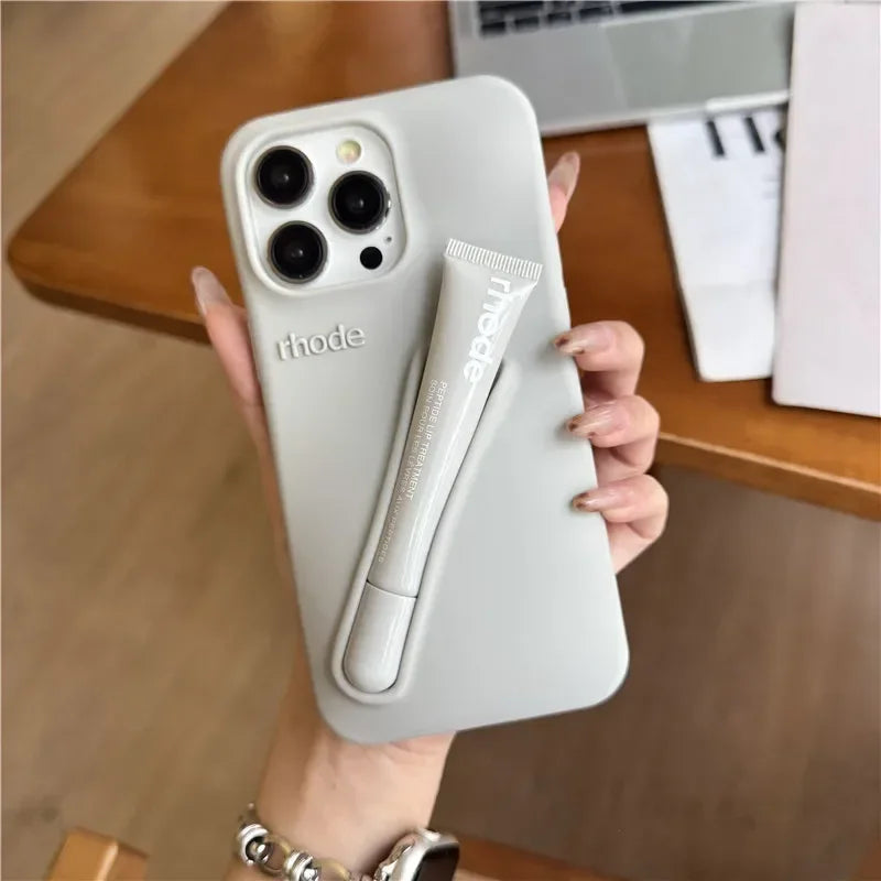 For Iphone 16 12 13 14 15 11 Pro Max plus 17 Fashion  Phone Case Gray Toast Espresso Ribbon Lip Gloss Holder Silicone Cover