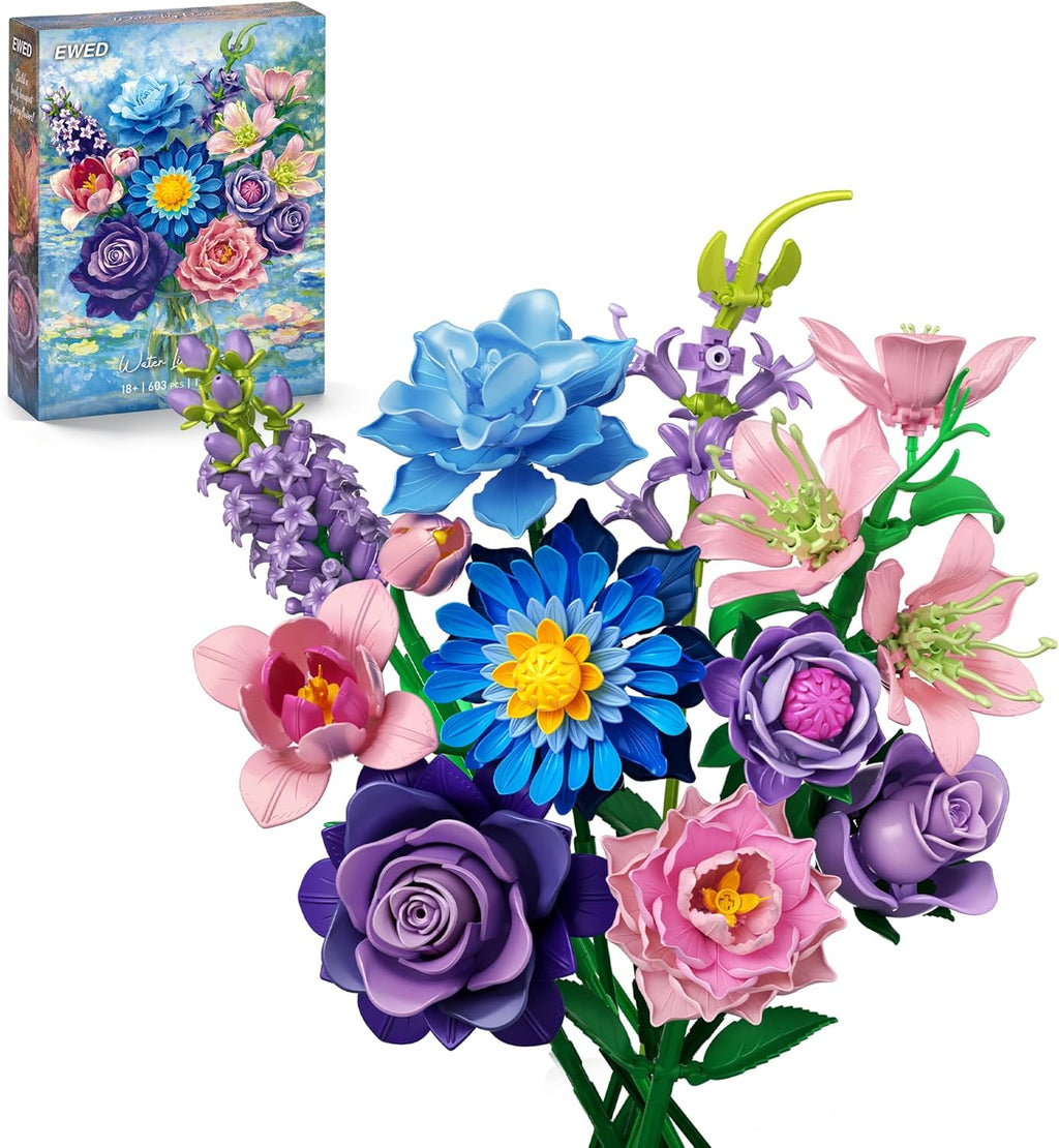 Impressionist Water Lily Flowers Bouquet Building Set for Adults, Artificial Flower Compatible with Lego Flowers Botanicals, Christmas Valentine'S Mother'S Day Birthday Gift for Her Women Girl