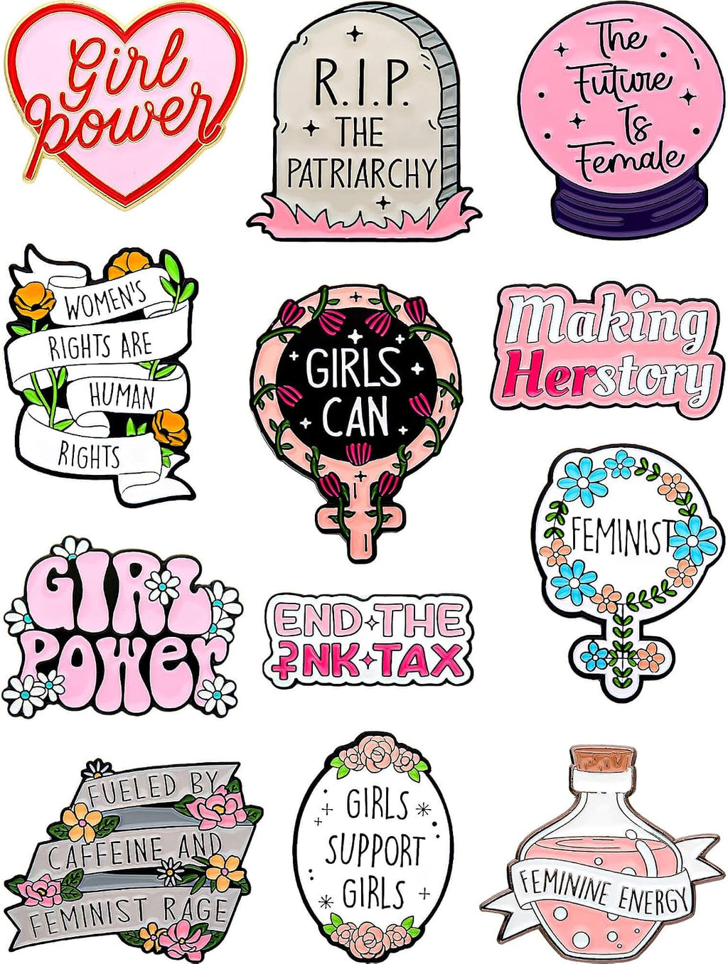 Feminist & Empowerment Enamel Pins Set – Inspirational Pins for Backpacks, Jackets, Hats, Gifts – Collectible Metal Lapel Pins for Women, Girls & Activists – 12-Pack