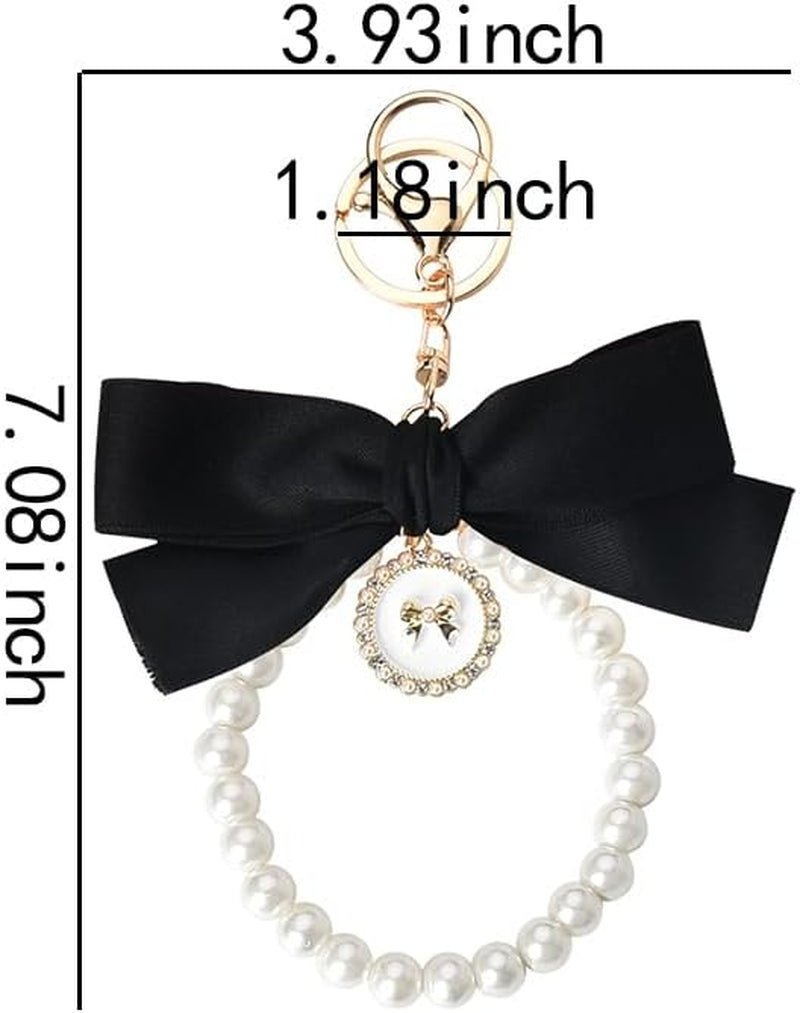 Pearl Bow Keychain Wistlet for Girls Women Bow Pearl Keychains Pink Black Beige