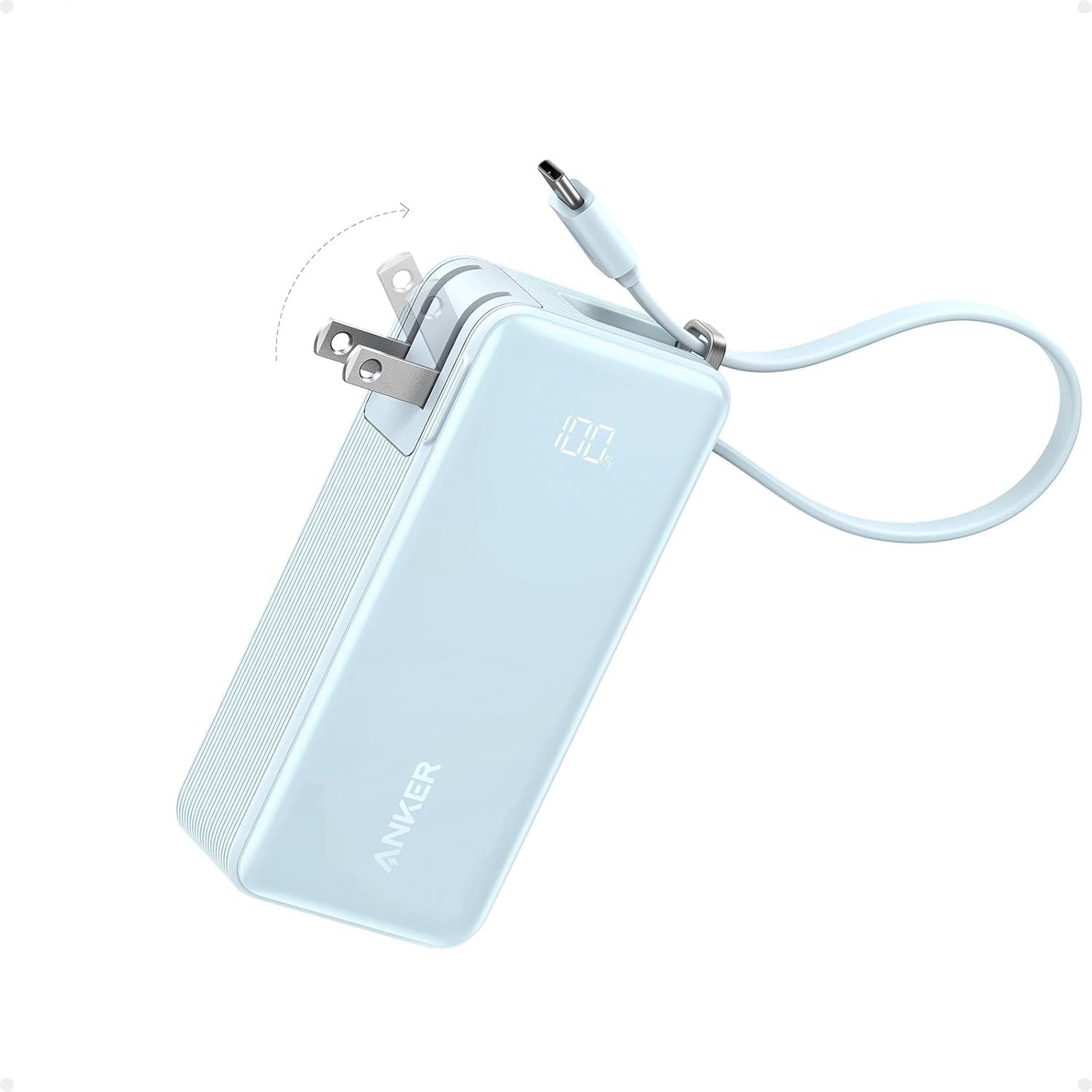 Anker Nano 3-In-1 Portable Iphone Charger, 10,000Mah Power Bank with Built-In USB-C Cable and Foldable Wall Plug, 30W Max Battery Pack, Travel Essentials for Iphone 17/16/15 Series (Blue)