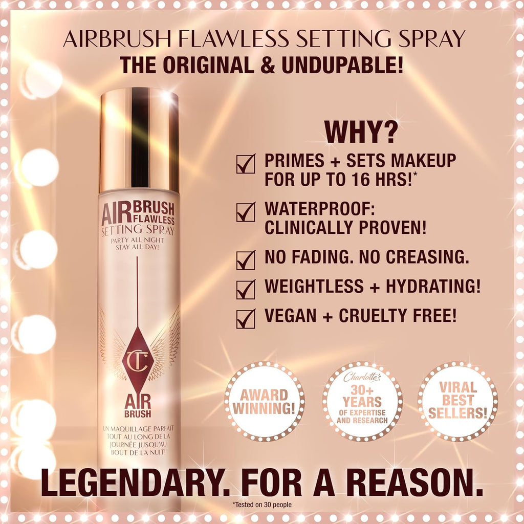 Charlotte Tilbury Holiday Kit - Airbrush Flawless Setting Spray + Airbrush Flawless Finish + Icon Baby Lip Duo - Hydrating Mist & Pressed Setting Powder Kit with Pink Lipstick Gloss Set