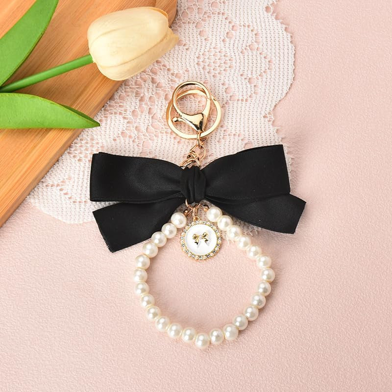Pearl Bow Keychain Wistlet for Girls Women Bow Pearl Keychains Pink Black Beige