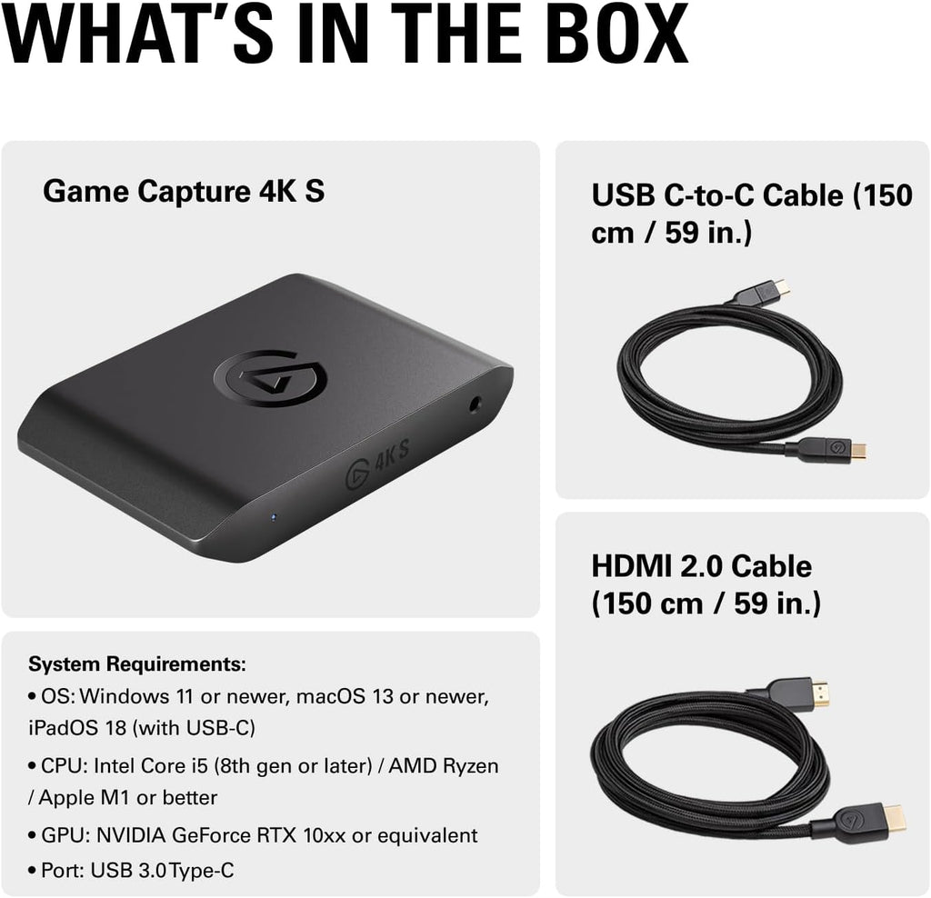 Elgato 4K S Capture Card for PS5, Xbox Series X/S, Switch 2 | 4K60 Capture, 1440P120 or 1080P240 Passthrough, HDR10 Support, Near-Zero Latency, USB-C, Analog Audio Input