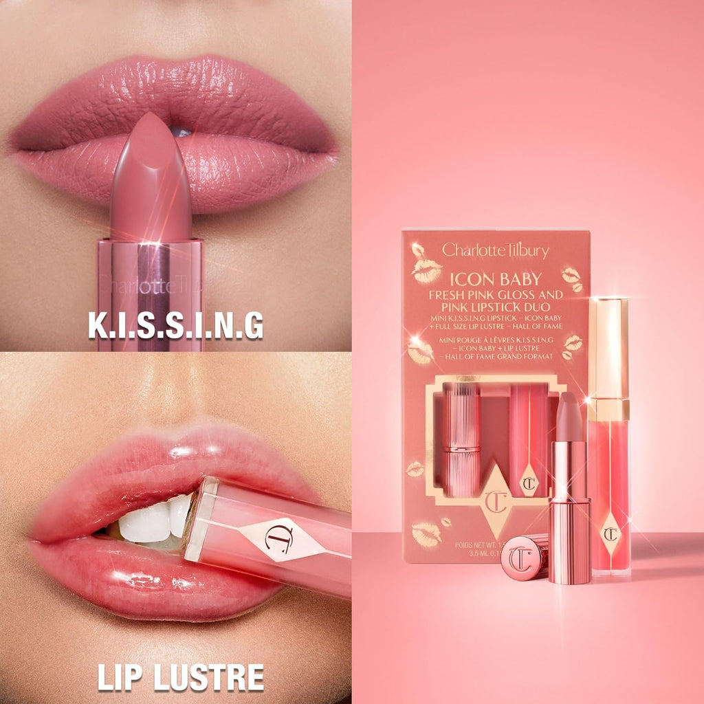 Charlotte Tilbury Holiday Kit - Airbrush Flawless Setting Spray + Airbrush Flawless Finish + Icon Baby Lip Duo - Hydrating Mist & Pressed Setting Powder Kit with Pink Lipstick Gloss Set